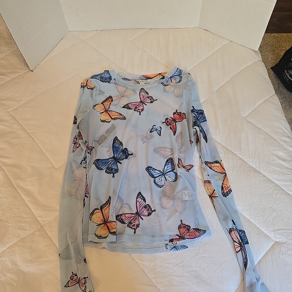 Butterfly Print Sheer Long Sleeve Top